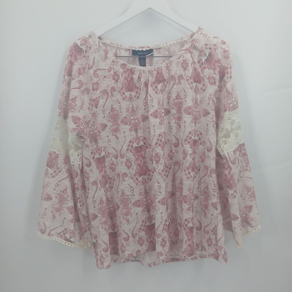 Style & Co Floral Lace Detail Top Womens L Pink Boho Peasant Crochet Spring